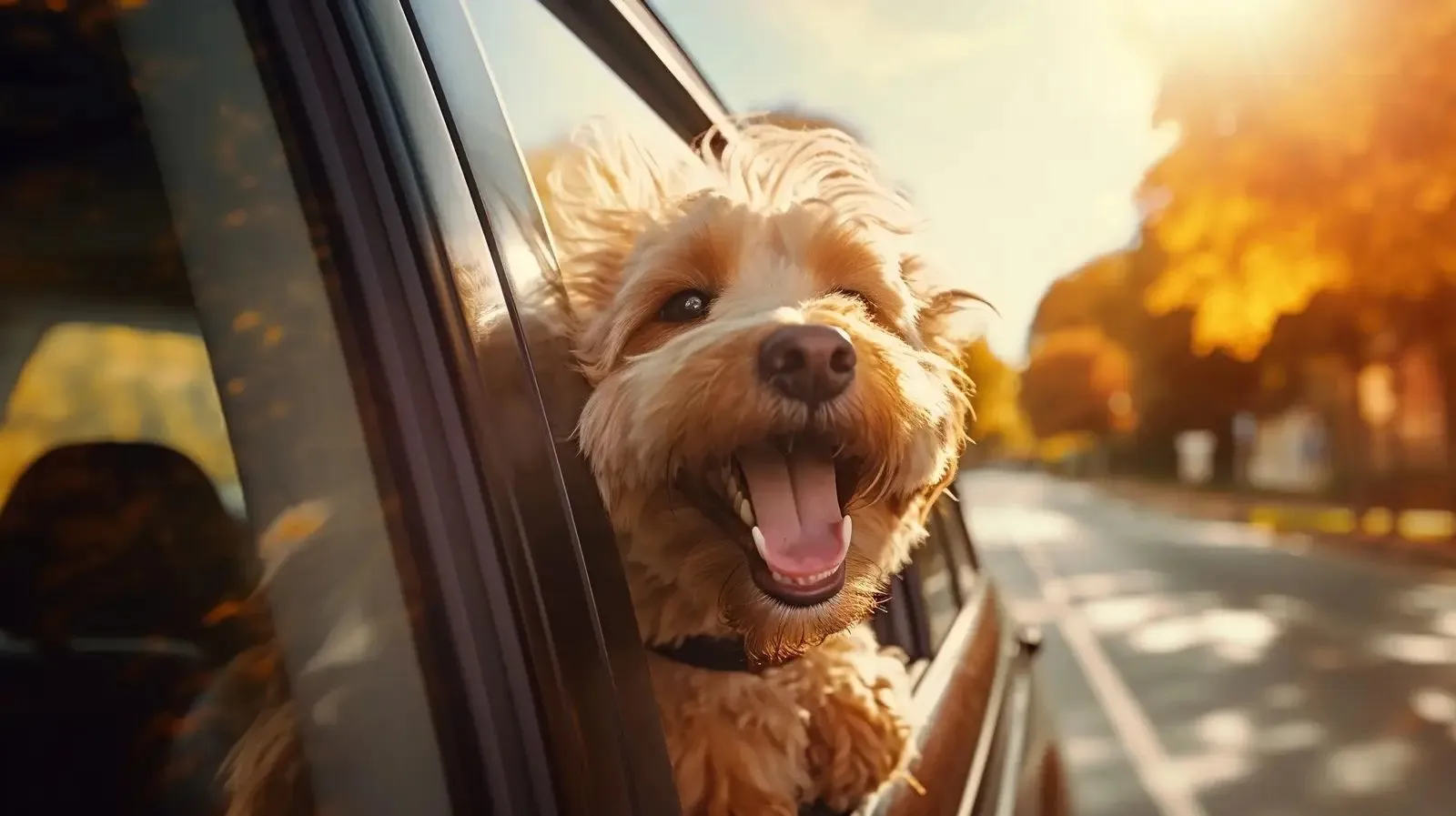 Dog rides right in car with head out window